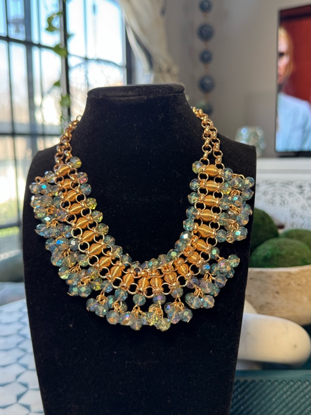 Gold Chain Necklace with Iridescent Blue-Green Crystal Drops - Picture 3 of 4